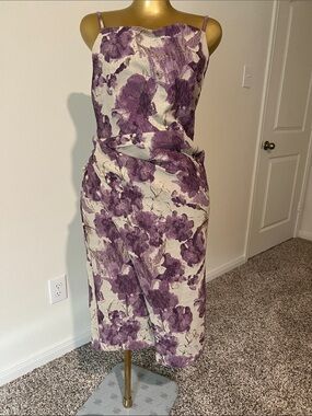 Donna Karan Cream and Purple Floral Midi Dress